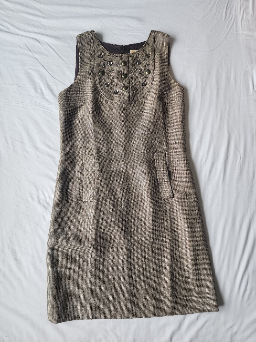 Michael Kors Sleeveless Brown Tweed Beaded Midi Dress